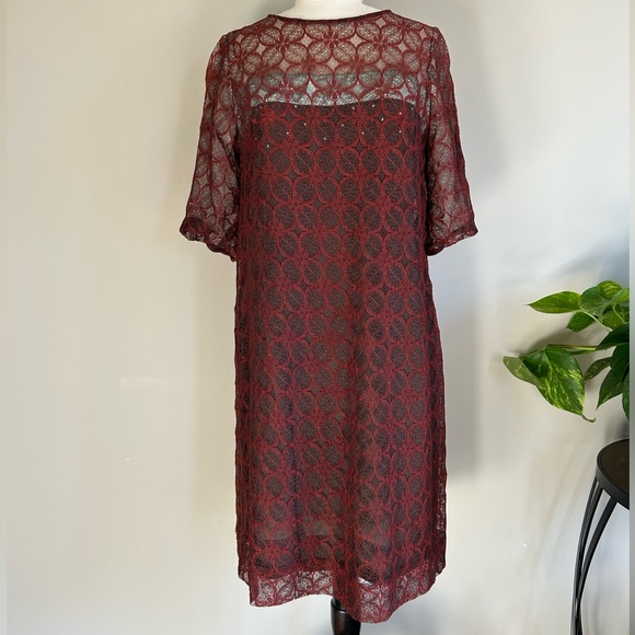 Vintage 1960s Leslie Pomer Rust Lace Shift Dress - Picture 1 of 5